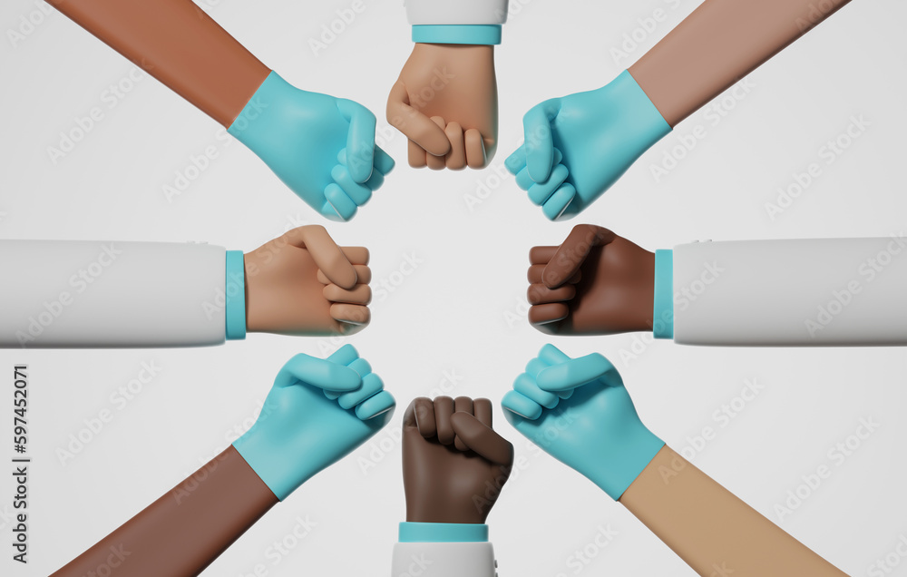 Obraz premium Group doctors holding fists together on white background.