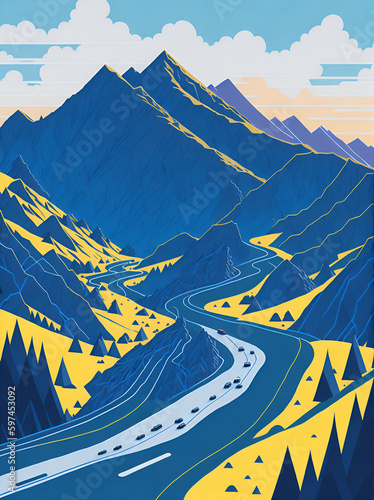 Road in hills. AI generated illustration