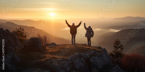 A happy elderly couple stand on top of a mountain and raise their hands up in the backlight of the setting sun. Generative AI