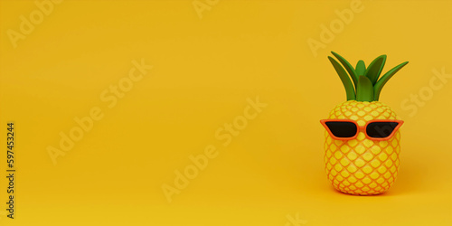 Fototapeta Naklejka Na Ścianę i Meble -  3d Summer concept with pineapple with sunglasses on yellow background . Copy space. 3d illustration banner. 3d rendering illustration