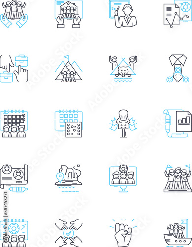 Society linear icons set. Culture, Diversity, Inclusion, Equality, Justice, Democracy, Progress line vector and concept signs. Harmony,Freedom,Ethics outline illustrations Generative AI