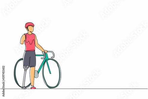 Single one line drawing man with prosthetic leg standing beside his bicycle bike. Sport training. Disability game. Disabled rehabilitation, recovery rehab. Continuous line draw design graphic vector