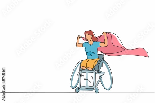Single one line drawing young amputee woman with body injuries raising flag. Disabled athlete sitting on racing wheelchair, disabled sportswoman. Continuous line design graphic vector illustration