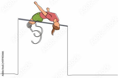 Single continuous line drawing disabled woman doing exercise and become champion high jumping with prosthetic leg. Disability sport, invalid person playing athletic game. One line draw design vector