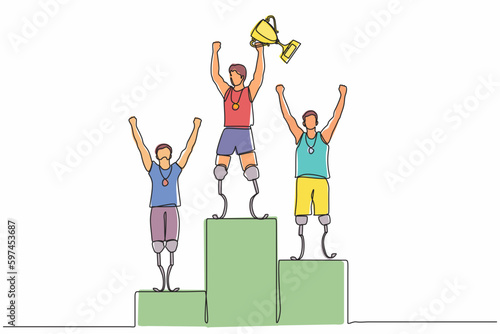 Continuous one line drawing disabled man winning the competition while holding gold trophy at podium. Disabled people, disability games competition. Single line draw design vector graphic illustration
