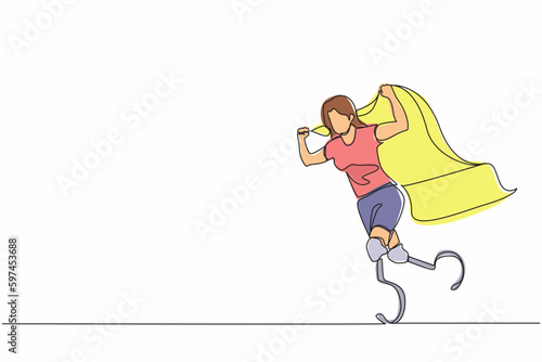 Single one line drawing disabled runner athlete raising flag. Sportswoman with prosthesis leg holding flag. Athletic female cheering with flag raised in the air. Continuous line graphic design vector