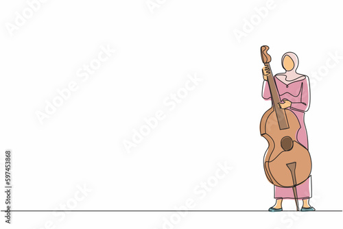 Continuous one line drawing double bass Arab player standing with big string instrument. Woman musician playing classical music with fingers. Professional contrabassist. Single line draw design vector