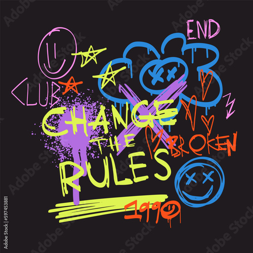 Urban typography slogan Change the Rules with spray effect. Street art graffiti print for t shirt or sweatshirt. Abstract graphic underground unisex design in bright neon colors