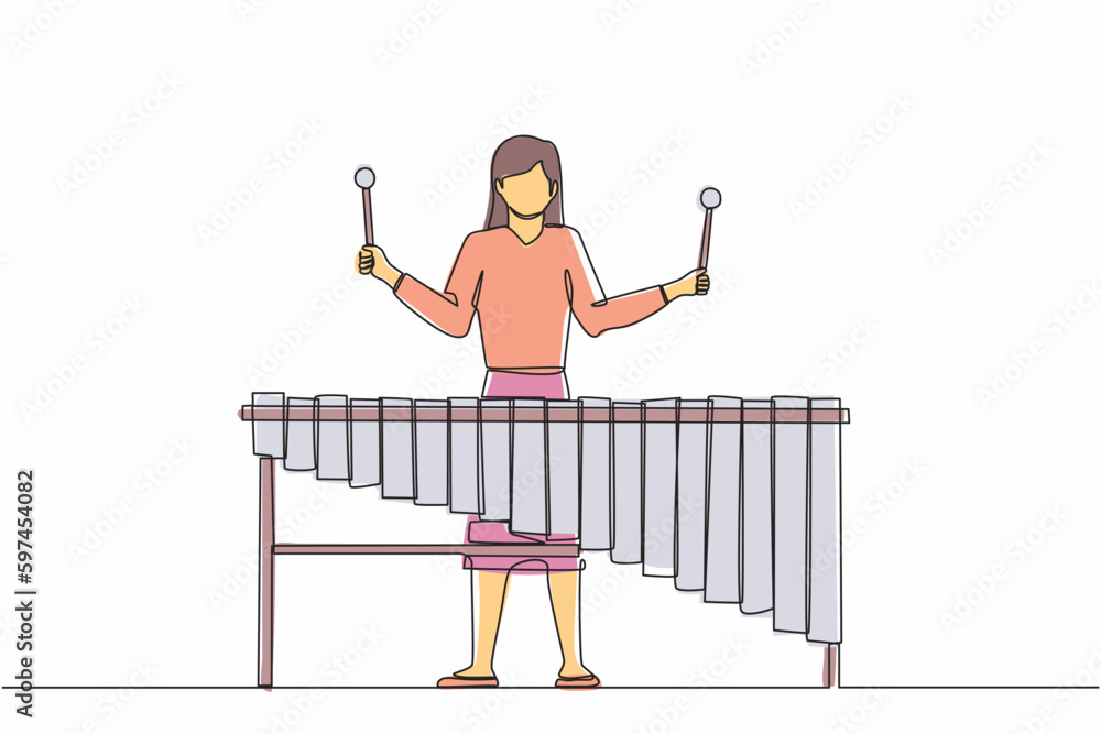 Continuous one line drawing woman percussion player play marimba. Young