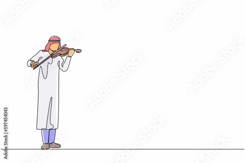 Single one line drawing Arabian man musician playing violin. Classical music performer with musical instrument. Male musician playing violin. Continuous line draw design graphic vector illustration
