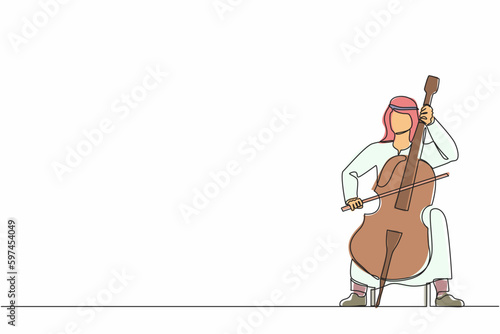 Single one line drawing young Arab male performer playing on contrabass. Cellist man playing cello, musician playing classical music instrument. Continuous line draw design graphic vector illustration