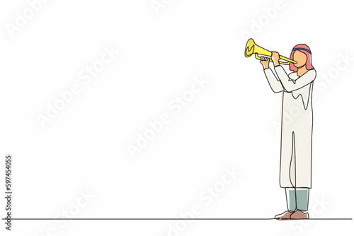 Continuous one line drawing Arabian man playing trumpet. Music instrumental. Jazz musician playing trumpet instrument. Trumpet player. Orchestra performer. Music performance. Single line design vector