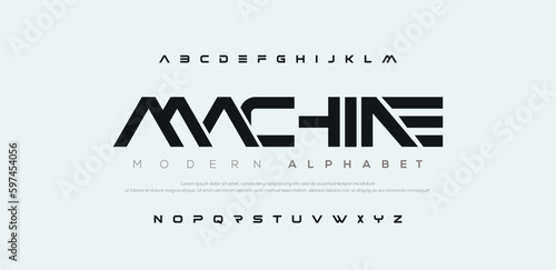 MACHINE, futuristic style alphabet. Thin segment line font, minimalist type for modern futuristic logo, elegant monogram, digital device graphic. Minimal style letters, vector typography design.