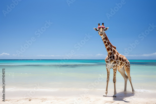 A giraffe relaxing on a beach on a summer vacation. Generative ai