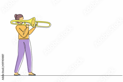 Single continuous line drawing trombone player. Female performer play wind instrument. Music artist girl. Jazz woman. Musician play trumpet. Classic music event. One line draw graphic design vector