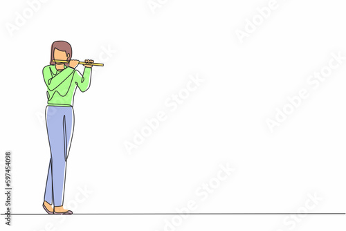 Single continuous line drawing female musician playing flute. Flutist performing classical music on wind instrument. Solo performance of talented flautist. One line graphic design vector illustration