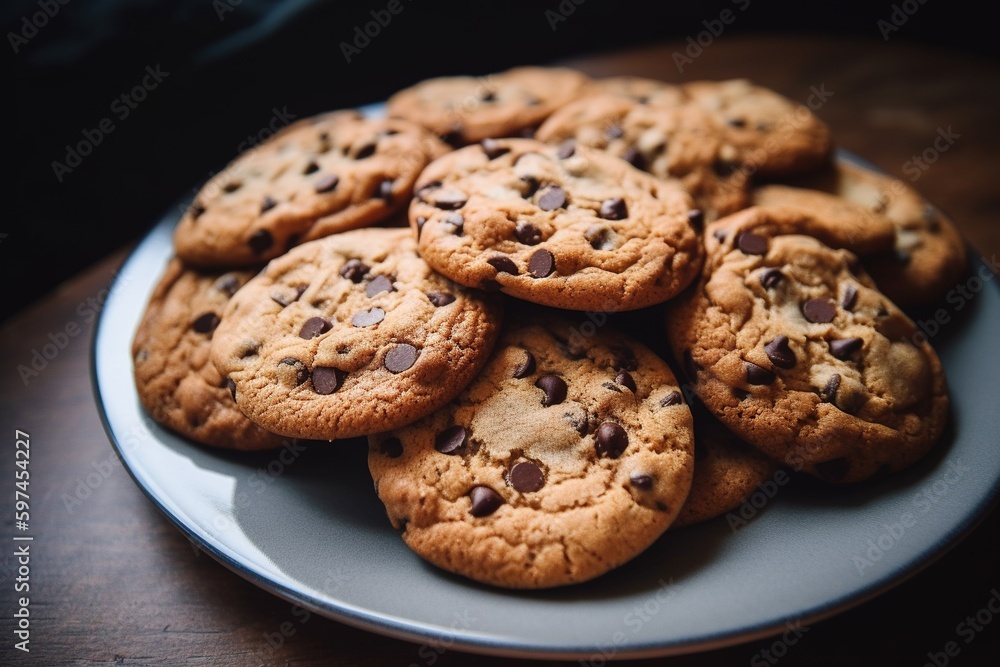 chocolate chip cookies on plate. Generative AI. chocolate chip cookies on plate. Generative AI.