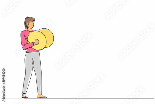 Single continuous line drawing female musician playing cymbals. Woman performer playing classical music with percussion musical instrument. Person performs on stage. One line graphic design vector