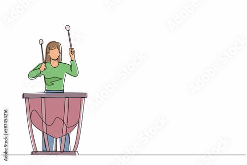 Continuous one line drawing female percussion player play on timpani. Woman performer holding stick and playing musical instrument. Musical instrument timpani. Single line draw design vector graphic
