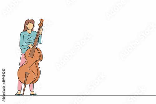 Continuous one line drawing double bass player standing with big string instrument. Woman musician playing classical music with fingers. Professional contrabassist. Single line graphic design vector