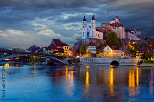 Aarburg Castle during twilight, swiss Alps, Switzerland