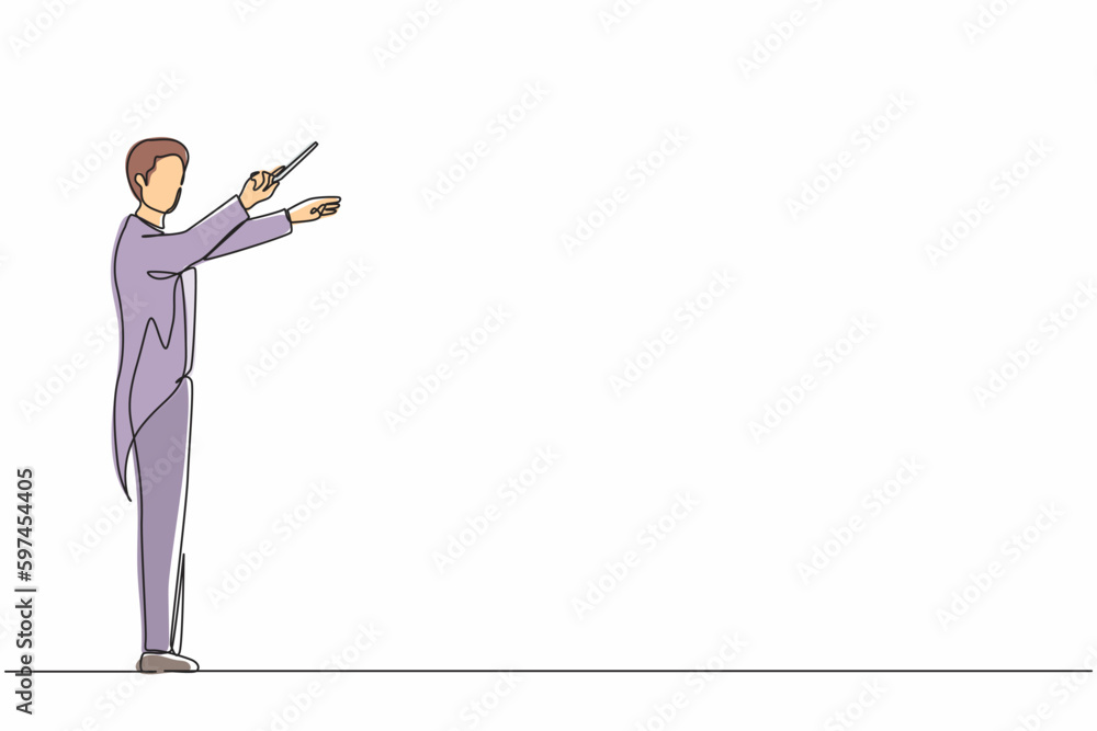 Single one line drawing man music conductor. Male musician perform on stage directing symphony orchestra. Classical music performance, instrumental ensemble. Continuous line draw design graphic vector Single one line drawing man music conductor. Male musician perform on stage directing symphony orchestra. Classical music performance, instrumental ensemble. Continuous line draw design graphic vector