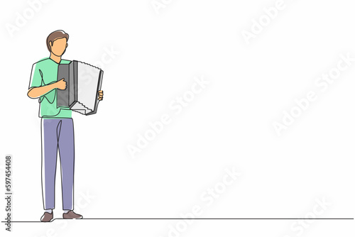 Single one line drawing man musician playing accordion. Male performer plays acoustic musical instrument. Accordionist perform playing music instrument. Continuous line draw design vector illustration