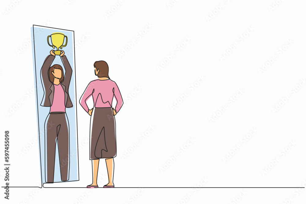 Single continuous line drawing businesswoman looking herself happy and successful in mirror reflection with lifting up trophy cup. Success in business and winner. One line draw graphic design vector