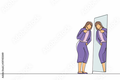 Continuous one line drawing angry businesswoman fight with mirror reflection. Furious girl have inner conflict, mental health problems. Suffering from abuse, self-violence. Single line design vector