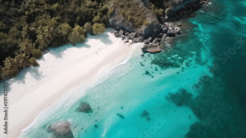 Aerial view of tropical white sand beach with turquoise water, generative ai