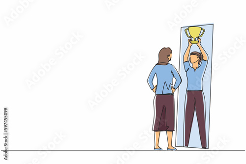 Single one line drawing girl standing in front of mirror looking at her reflection, imagine herself successful with lift up trophy cup. Narcissistic woman. Continuous line draw graphic design vector
