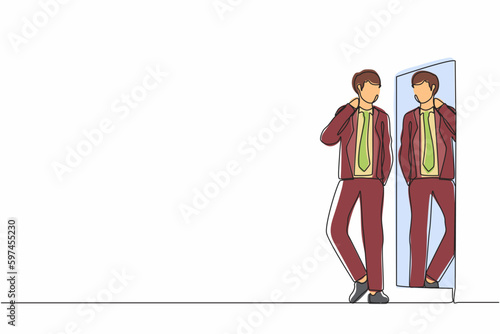 Single continuous line drawing businessman character choosing suit for business meeting. Man trying on clothes at home. Guy with style. Mirror with male reflection. One line draw graphic design vector