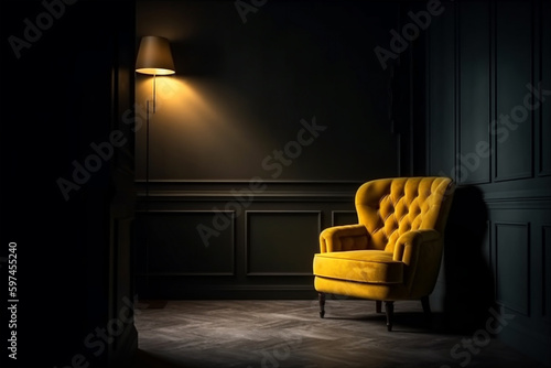 Dark room with yellow armchair on black wall background. AI generated.