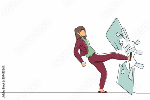 Single continuous line drawing businesswoman kicked the mirror and shattered it. Breaking impossible barrier. Business motivation, breakthrough concept. One line graphic design vector illustration