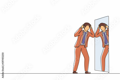 Single one line drawing frustrated businessman see himself failure in mirror. Mental health problems. Anxiety and lack of self confidence. Continuous line draw design graphic vector illustration photo