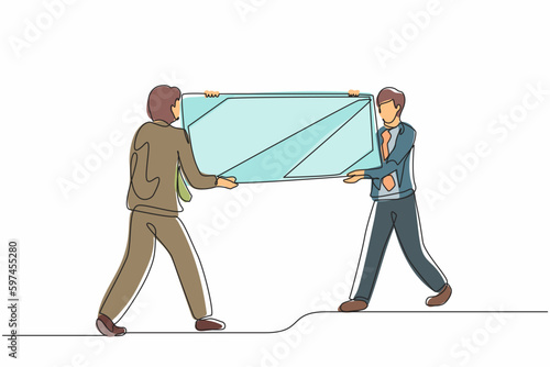Continuous one line drawing male loaders carrying big mirror to new office. Two businessmen with furniture in building hall. Moving to new apartment, delivery concept. Single line draw design vector