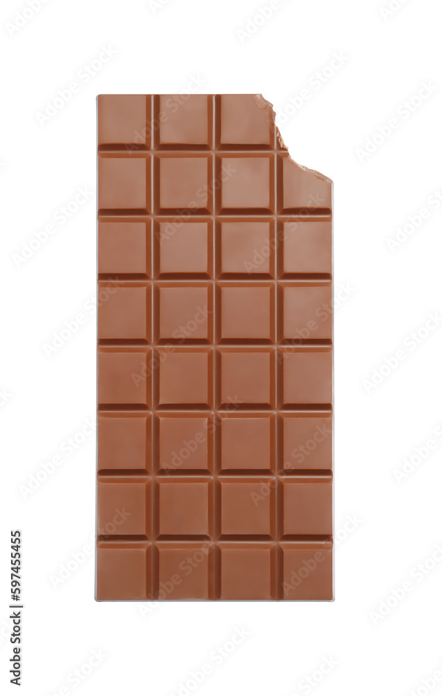 Bitten milk chocolate bar isolated on white, top view Bitten milk chocolate bar isolated on white, top view