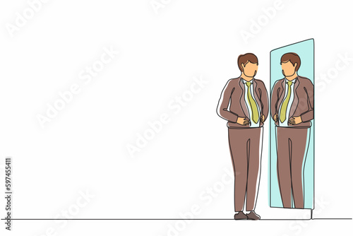 Continuous one line drawing businessman standing in front of mirror and see himself getting big belly with holding his stomach. Oversized and obesity concept. Single line draw design vector graphic