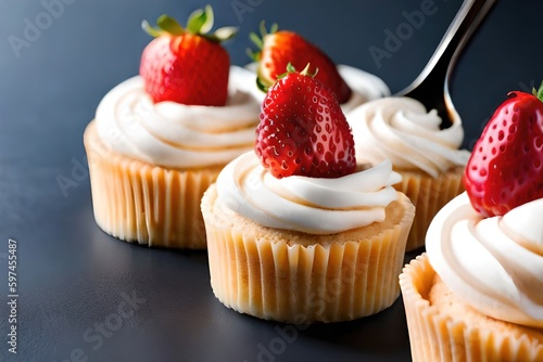 cupcakes with cream and strawberries, generative ai