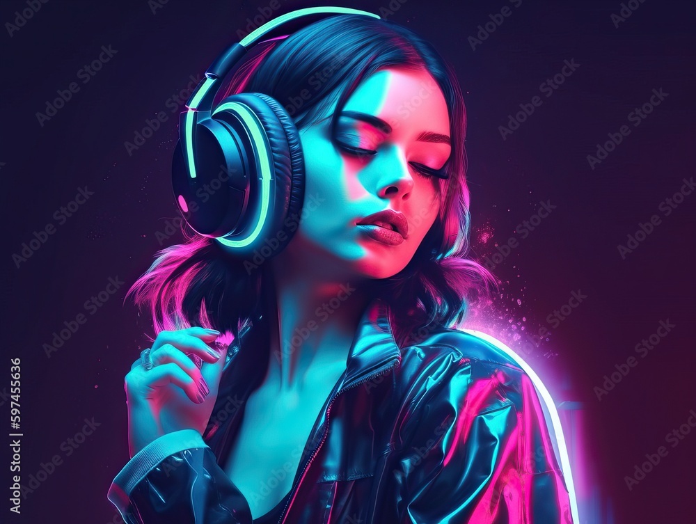 Moderne DJ im Neonlicht mit Kopfhörer, generative AI. Moderne DJ im Neonlicht mit Kopfhörer, generative AI.