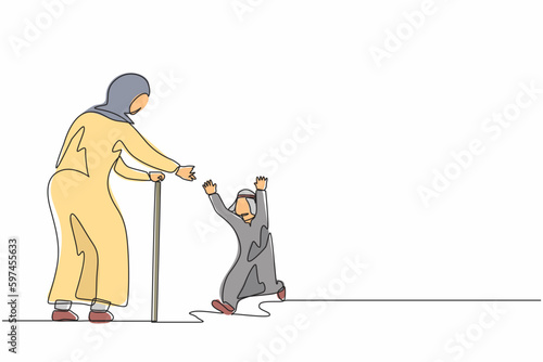 Continuous one line drawing Arabian little boy meeting their grandparents. Happy family visiting grandfather and grandmother. Grandson running to hug grandma. Single line draw design vector graphic