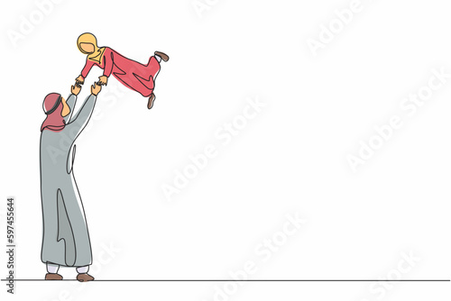 Single continuous line drawing Arab dad carry his daughter. Father's day in activity, sense of tenderness of children, carrying of love, his child's enjoy flying and play. One line draw design vector