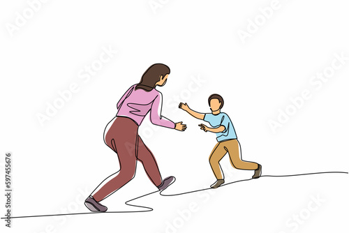 Single one line drawing boy running to mother. Cheerful boy running to hug his mother. Little son running to his mom who standing and waiting with open arms. Continuous line draw design graphic vector