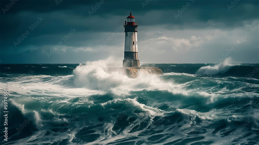 a lighthouse in the stormy ocean, gerenative AI