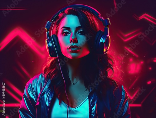 Moderne DJ im Neonlicht mit Kopfhörer, generative AI.