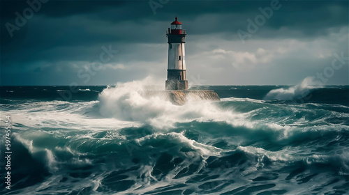 a lighthouse in the stormy ocean, gerenative AI