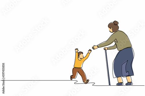 Single continuous line drawing joyful little boy meeting their grandparents. Happy family visiting grandfather and grandmother. Grandson running to hug grandma. One line design vector illustration