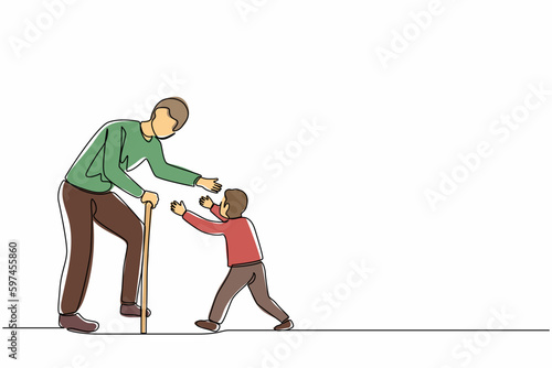 Single continuous line drawing happy little boy running to hug his grandfather. Grandson visiting grandparents. Senior man welcoming grandchild at home. One line graphic design vector illustration