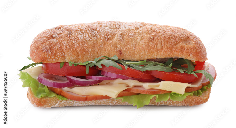 Delicious sandwich with fresh vegetables and cheese isolated on white Delicious sandwich with fresh vegetables and cheese isolated on white
