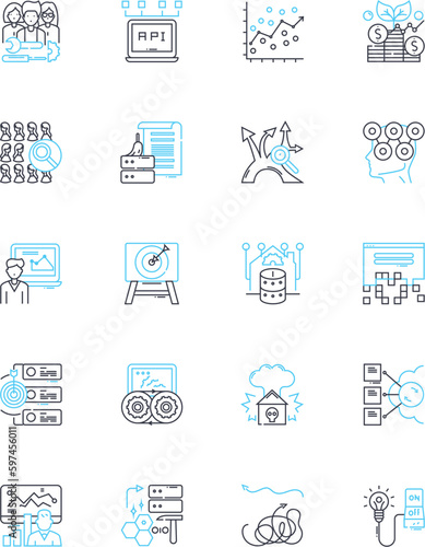 Financial accounting linear icons set. Revenue, Expenses, Assets, Liabilities, Equity, Balance, Cash line vector and concept signs. Profit,Loss,Depreciation outline illustrations